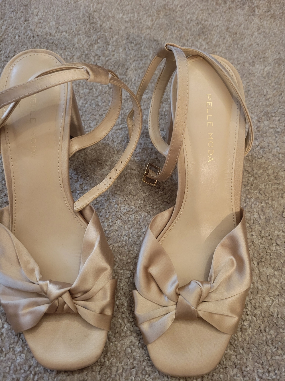Elle Satin Bow Open-Toe Heels in Champagne